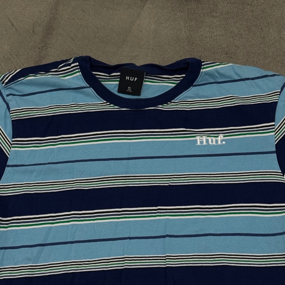 HUF Mens XL Blue Striped Ringer T-Shirt Short Sleeve Embroidered Logo Skater Tee